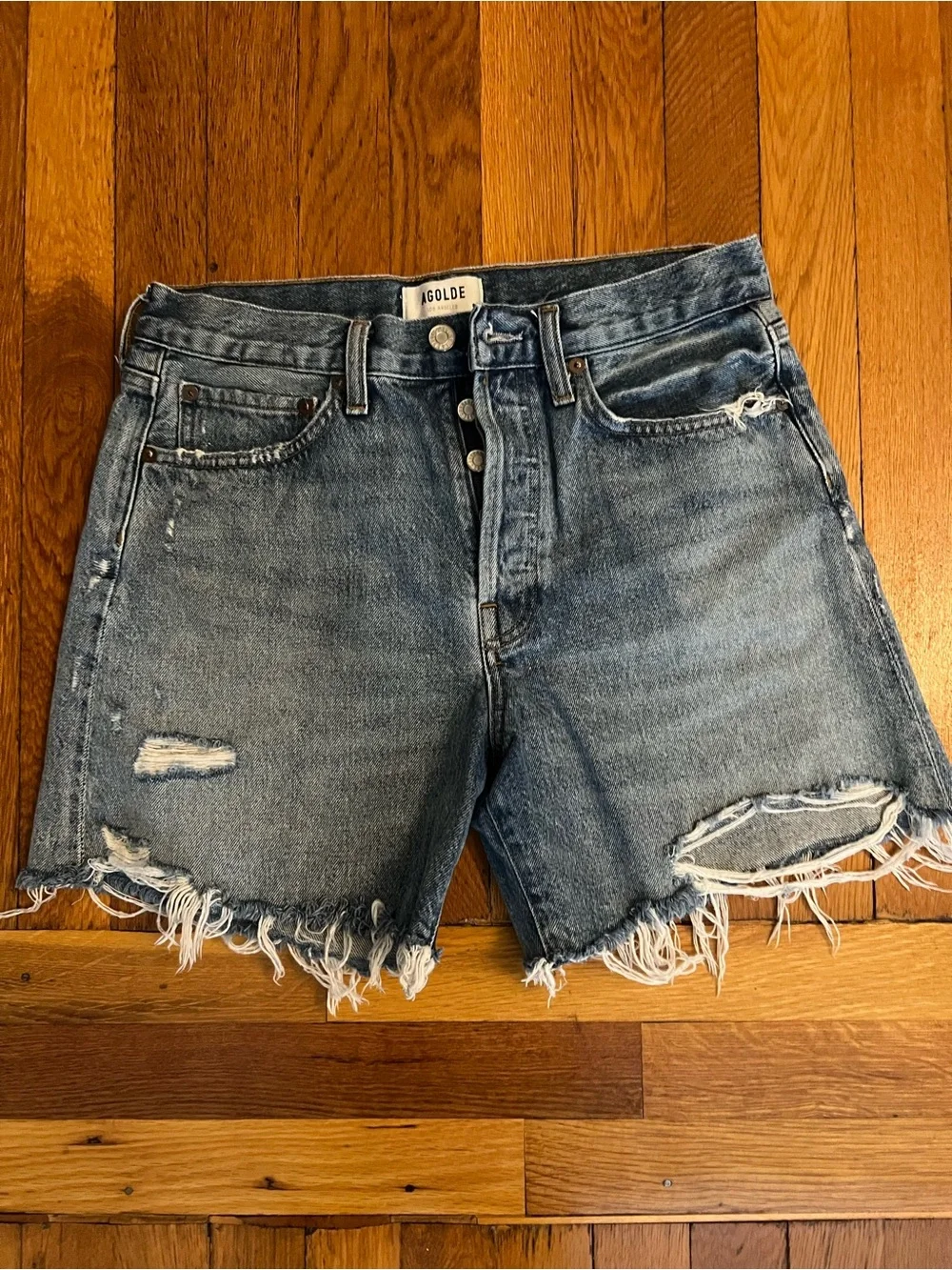 Agolde Distressed Light Blue Parker Long Denim Shorts